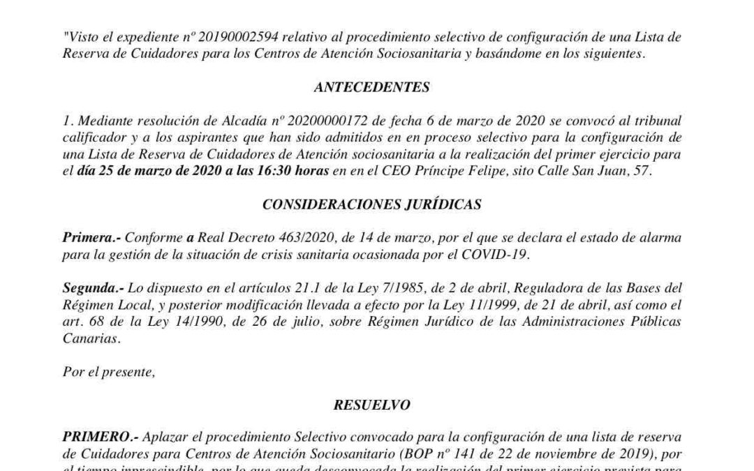 Anuncio por el que se aplaza el proceso selectivo para la configuración de una lista de reserva de Cuidadores